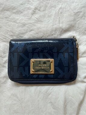 Michael Kors Patent Navy Logo Zip-Around Wallet with Gold Plate